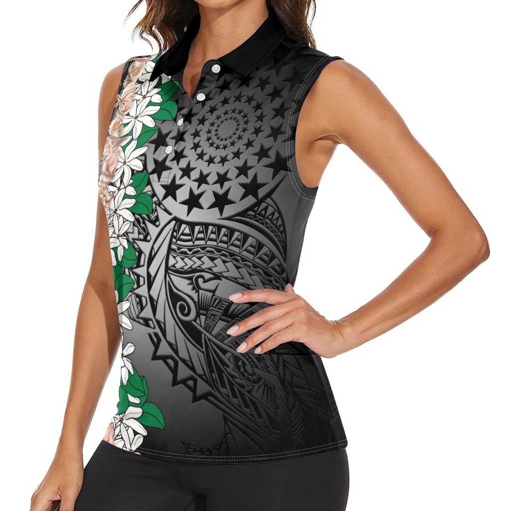 Cook Islands Tiare Maori With Conch Shell Women Sleeveless Polo Shirt Pasifika Fest Polynesian Tattoo Black LT14 - Polynesian Pride
