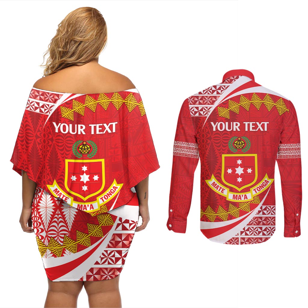 Personalised Kolisi Tonga College Atele Couples Matching Off Shoulder Short Dress and Long Sleeve Button Shirt Mate Maa Tonga 142 Years Anniversary
