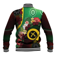 Long God Yumi Stanap Vanuatu Baseball Jacket Tropical Flowers Aboriginal Pattern