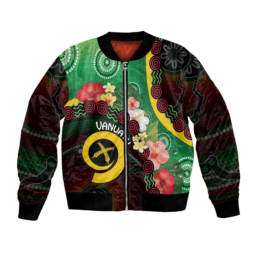 Long God Yumi Stanap Vanuatu Bomber Jacket Tropical Flowers Aboriginal Pattern