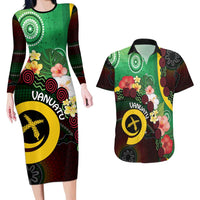 Long God Yumi Stanap Vanuatu Couples Matching Long Sleeve Bodycon Dress and Hawaiian Shirt Tropical Flowers Aboriginal Pattern