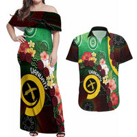 Long God Yumi Stanap Vanuatu Couples Matching Off Shoulder Maxi Dress and Hawaiian Shirt Tropical Flowers Aboriginal Pattern