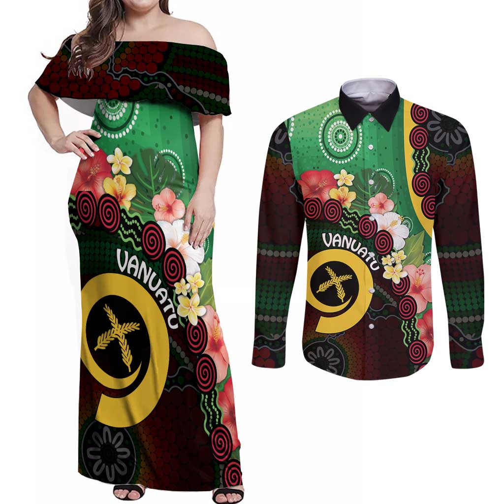 Long God Yumi Stanap Vanuatu Couples Matching Off Shoulder Maxi Dress and Long Sleeve Button Shirt Tropical Flowers Aboriginal Pattern