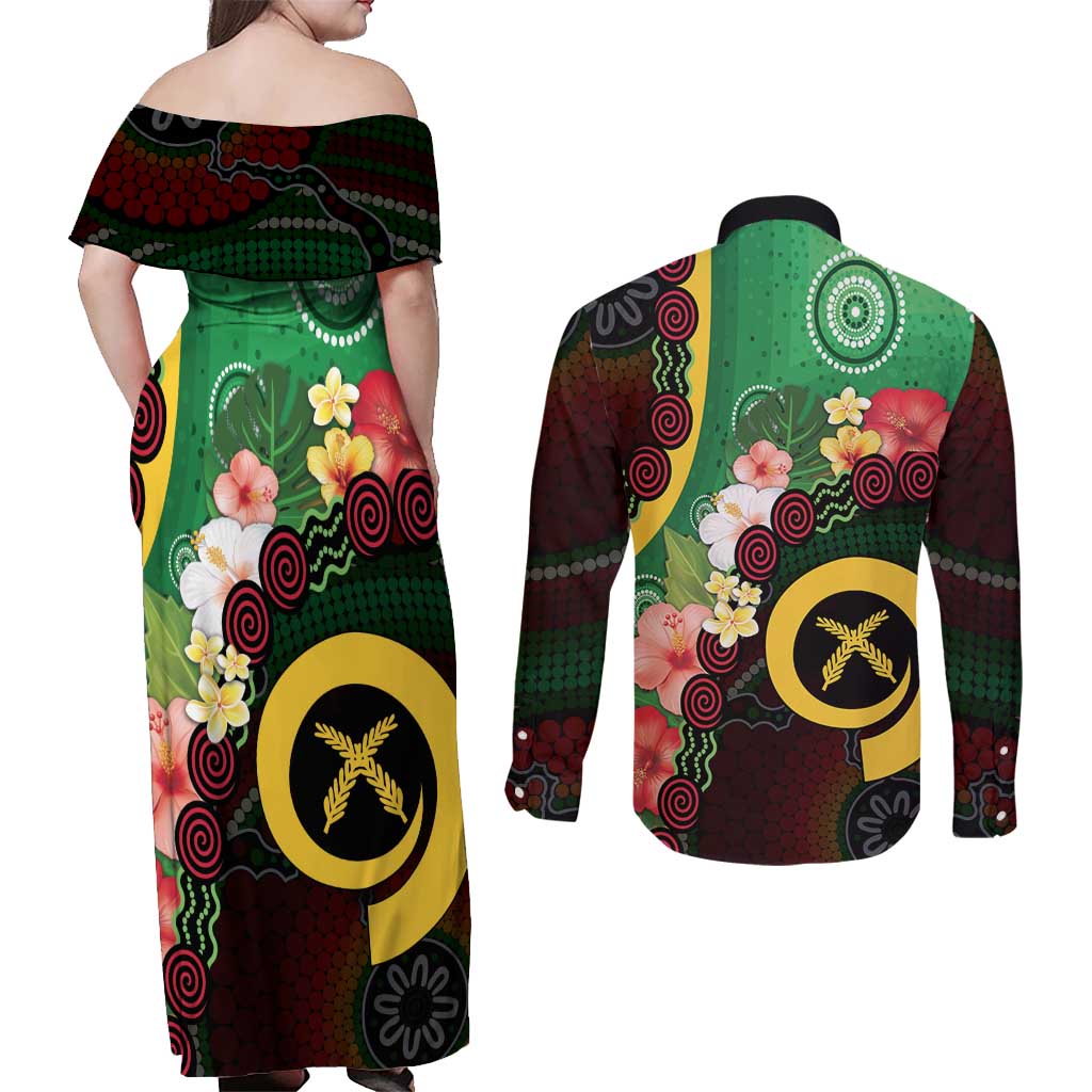 Long God Yumi Stanap Vanuatu Couples Matching Off Shoulder Maxi Dress and Long Sleeve Button Shirt Tropical Flowers Aboriginal Pattern