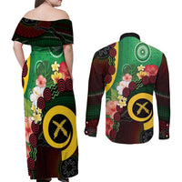 Long God Yumi Stanap Vanuatu Couples Matching Off Shoulder Maxi Dress and Long Sleeve Button Shirt Tropical Flowers Aboriginal Pattern