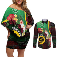 Long God Yumi Stanap Vanuatu Couples Matching Off Shoulder Short Dress and Long Sleeve Button Shirt Tropical Flowers Aboriginal Pattern