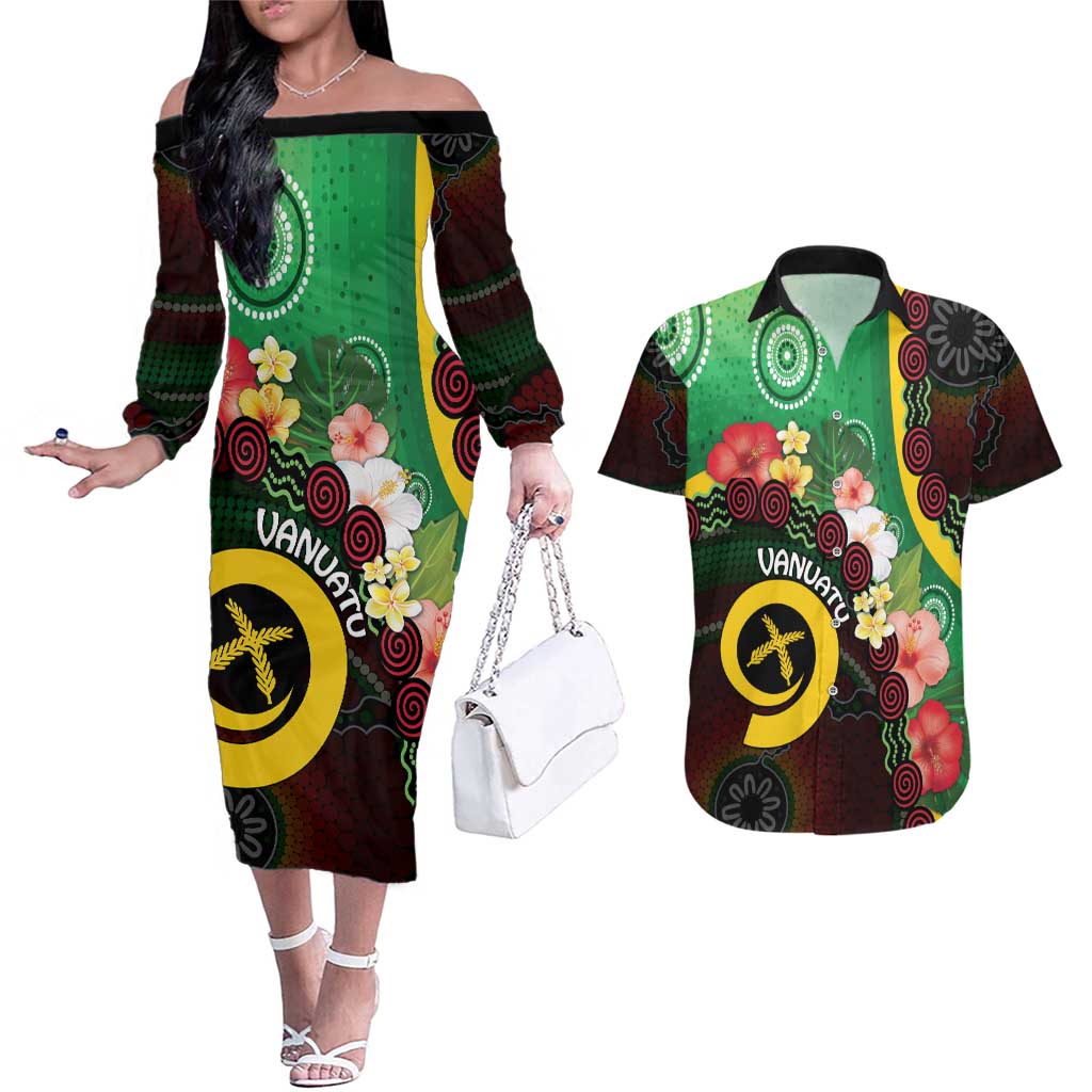 Long God Yumi Stanap Vanuatu Couples Matching Off The Shoulder Long Sleeve Dress and Hawaiian Shirt Tropical Flowers Aboriginal Pattern