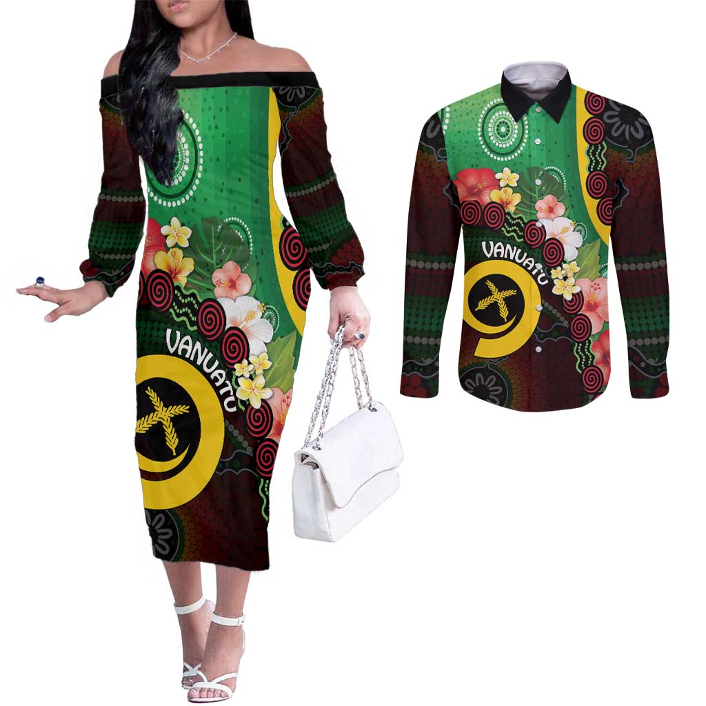 Long God Yumi Stanap Vanuatu Couples Matching Off The Shoulder Long Sleeve Dress and Long Sleeve Button Shirt Tropical Flowers Aboriginal Pattern