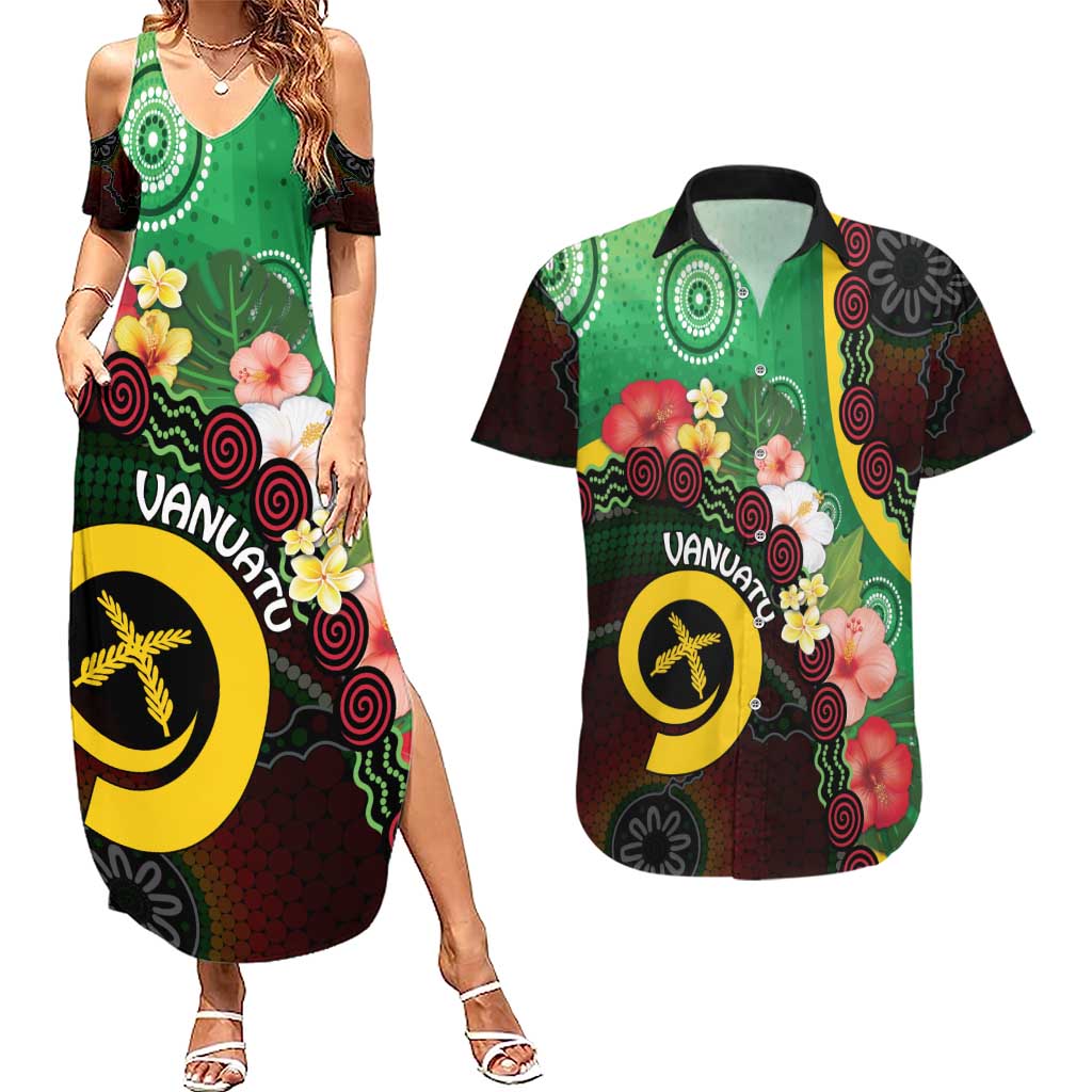 Long God Yumi Stanap Vanuatu Couples Matching Summer Maxi Dress and Hawaiian Shirt Tropical Flowers Aboriginal Pattern