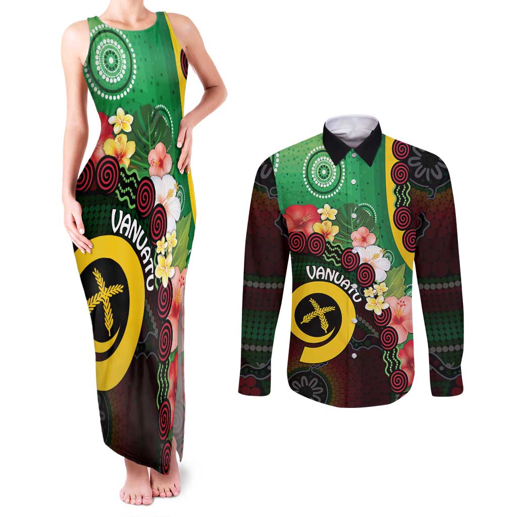 Long God Yumi Stanap Vanuatu Couples Matching Tank Maxi Dress and Long Sleeve Button Shirt Tropical Flowers Aboriginal Pattern