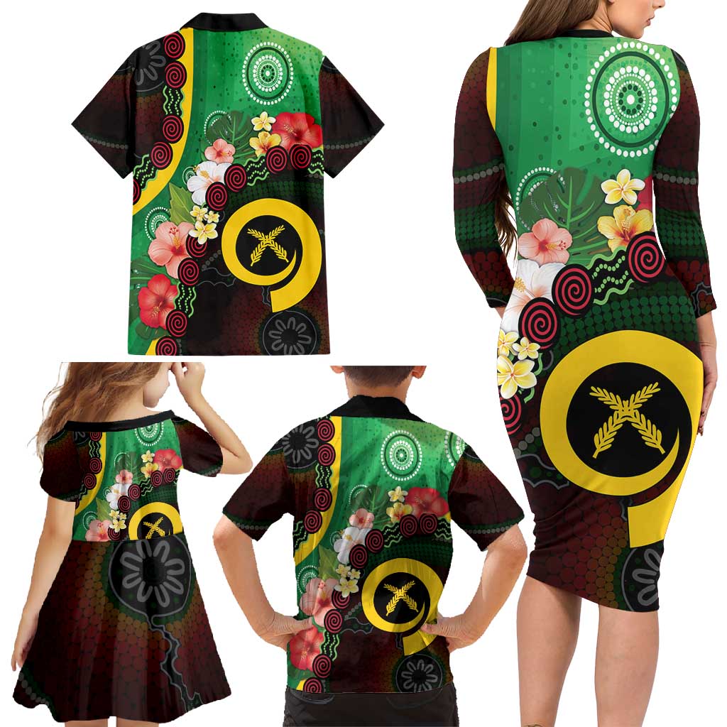 Long God Yumi Stanap Vanuatu Family Matching Long Sleeve Bodycon Dress and Hawaiian Shirt Tropical Flowers Aboriginal Pattern