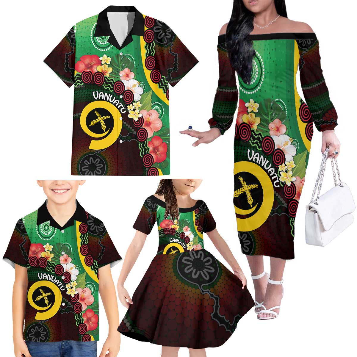 Long God Yumi Stanap Vanuatu Family Matching Off The Shoulder Long Sleeve Dress and Hawaiian Shirt Tropical Flowers Aboriginal Pattern