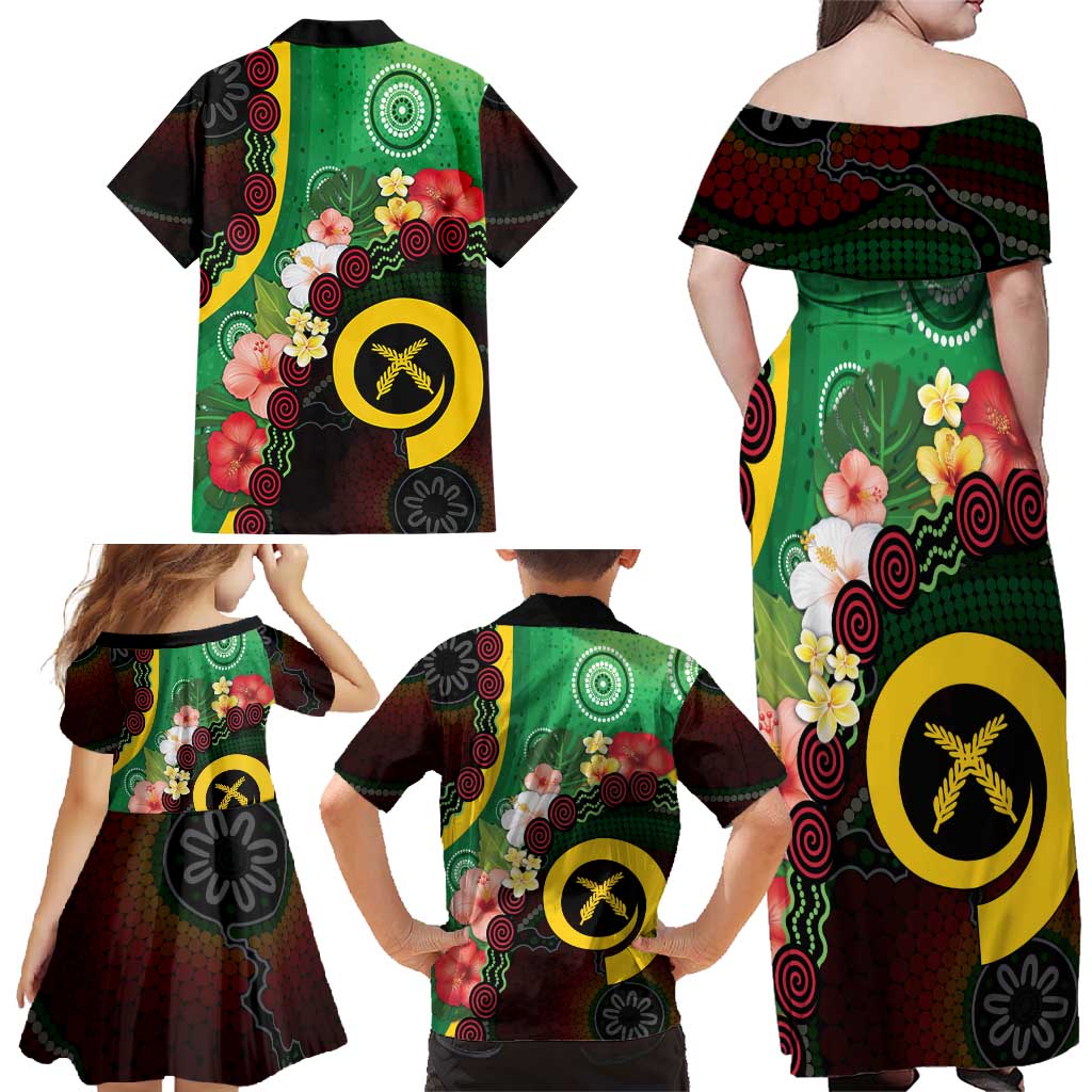 Long God Yumi Stanap Vanuatu Family Matching Off Shoulder Maxi Dress and Hawaiian Shirt Tropical Flowers Aboriginal Pattern