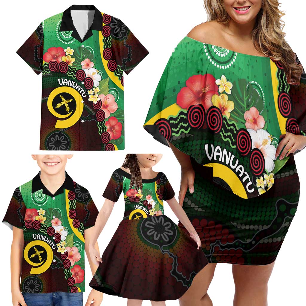 Long God Yumi Stanap Vanuatu Family Matching Off Shoulder Short Dress and Hawaiian Shirt Tropical Flowers Aboriginal Pattern