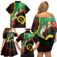 Long God Yumi Stanap Vanuatu Family Matching Off Shoulder Short Dress and Hawaiian Shirt Tropical Flowers Aboriginal Pattern