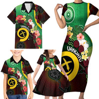 Long God Yumi Stanap Vanuatu Family Matching Short Sleeve Bodycon Dress and Hawaiian Shirt Tropical Flowers Aboriginal Pattern