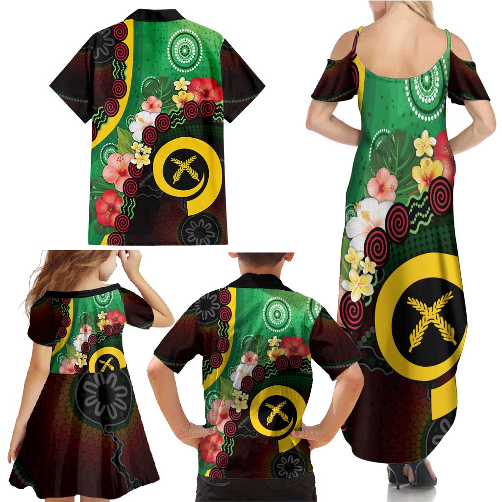 Long God Yumi Stanap Vanuatu Family Matching Summer Maxi Dress and Hawaiian Shirt Tropical Flowers Aboriginal Pattern
