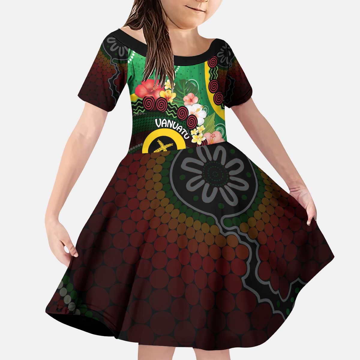 Long God Yumi Stanap Vanuatu Kid Short Sleeve Dress Tropical Flowers Aboriginal Pattern