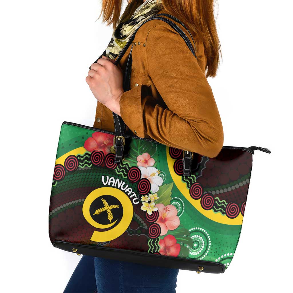Long God Yumi Stanap Vanuatu Leather Tote Bag Tropical Flowers Aboriginal Pattern