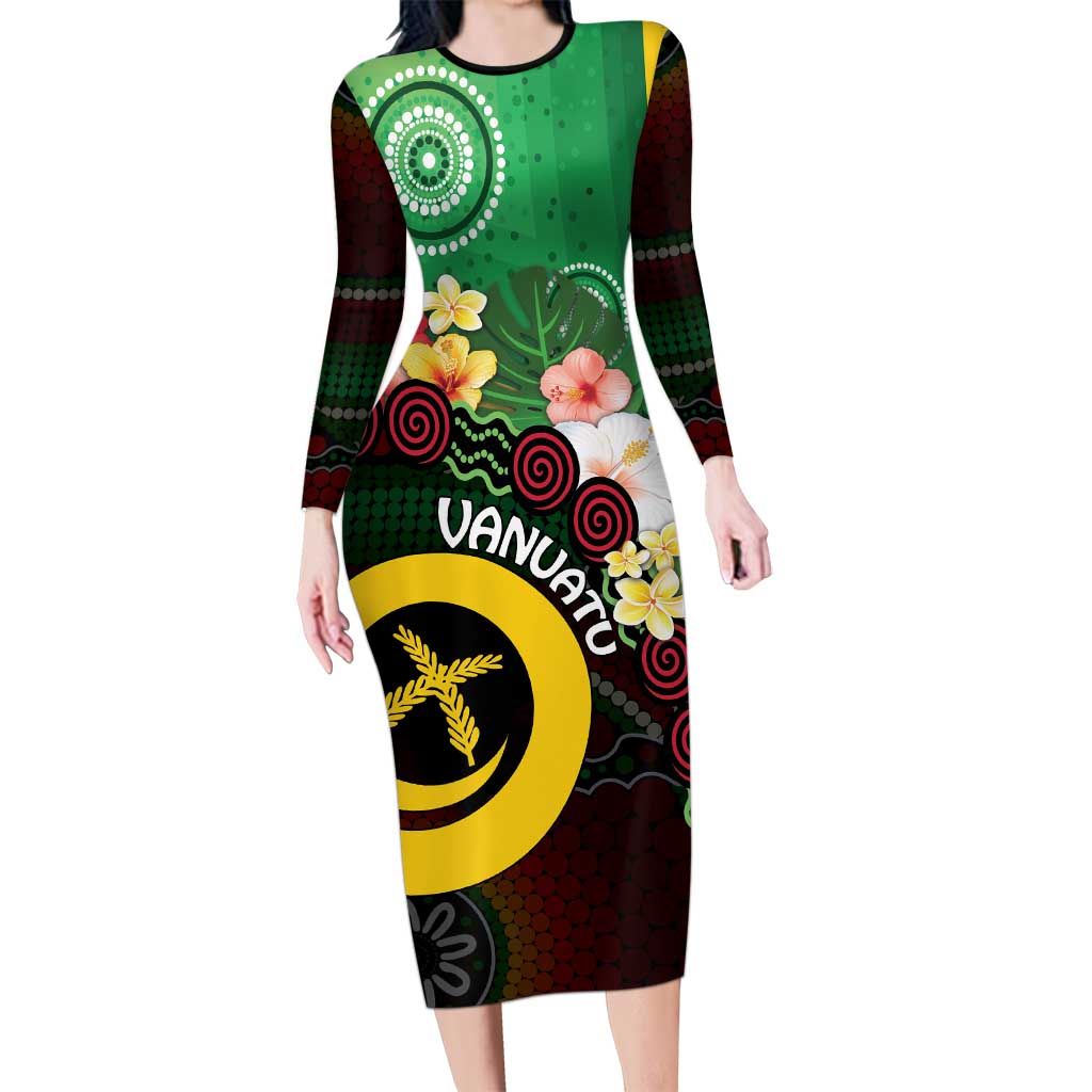 Long God Yumi Stanap Vanuatu Long Sleeve Bodycon Dress Tropical Flowers Aboriginal Pattern