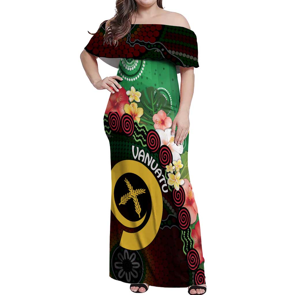 Long God Yumi Stanap Vanuatu Off Shoulder Maxi Dress Tropical Flowers Aboriginal Pattern