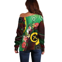 Long God Yumi Stanap Vanuatu Off Shoulder Sweater Tropical Flowers Aboriginal Pattern