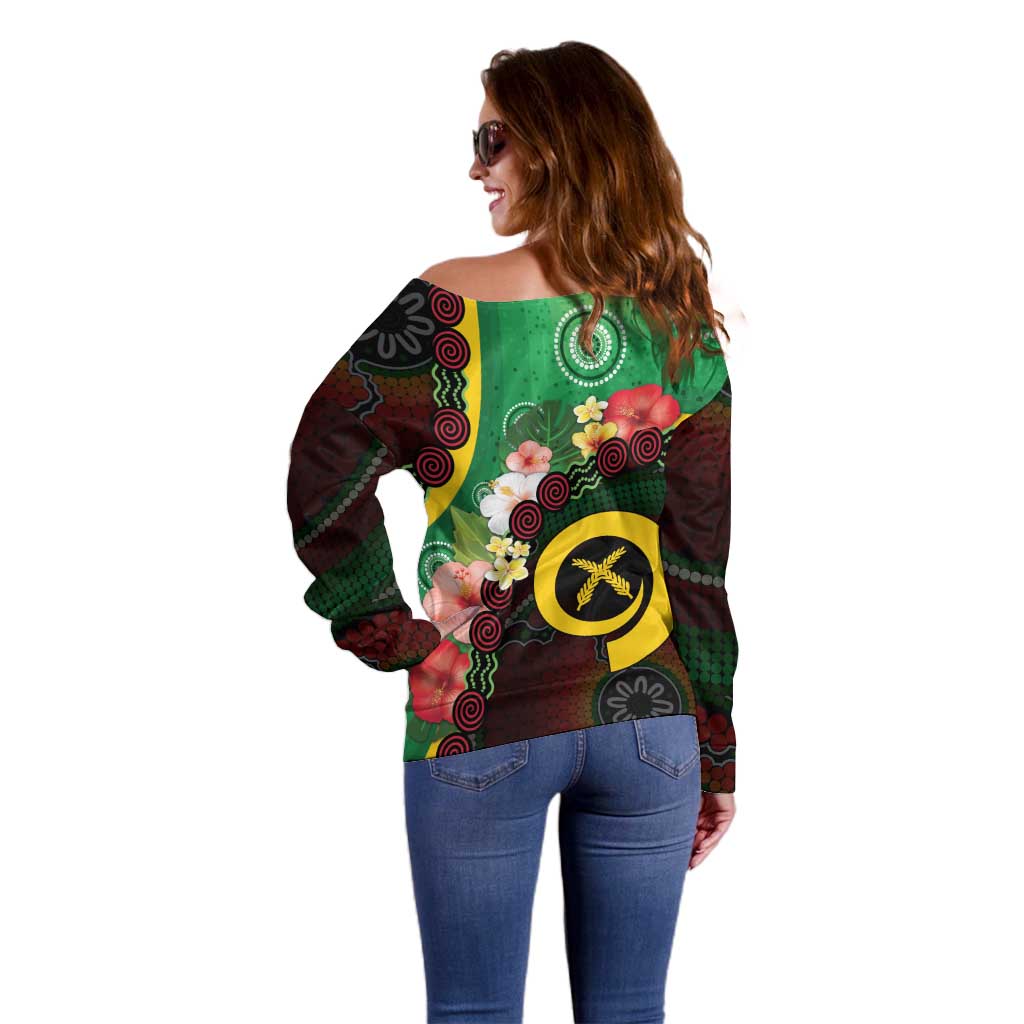 Long God Yumi Stanap Vanuatu Off Shoulder Sweater Tropical Flowers Aboriginal Pattern