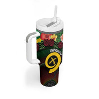 Long God Yumi Stanap Vanuatu Tumbler With Handle Tropical Flowers Aboriginal Pattern LT14 - Polynesian Pride
