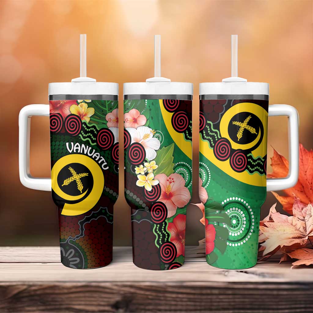 Long God Yumi Stanap Vanuatu Tumbler With Handle Tropical Flowers Aboriginal Pattern LT14 - Polynesian Pride