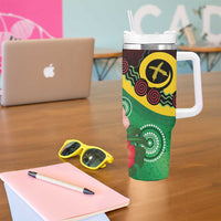 Long God Yumi Stanap Vanuatu Tumbler With Handle Tropical Flowers Aboriginal Pattern LT14 - Polynesian Pride