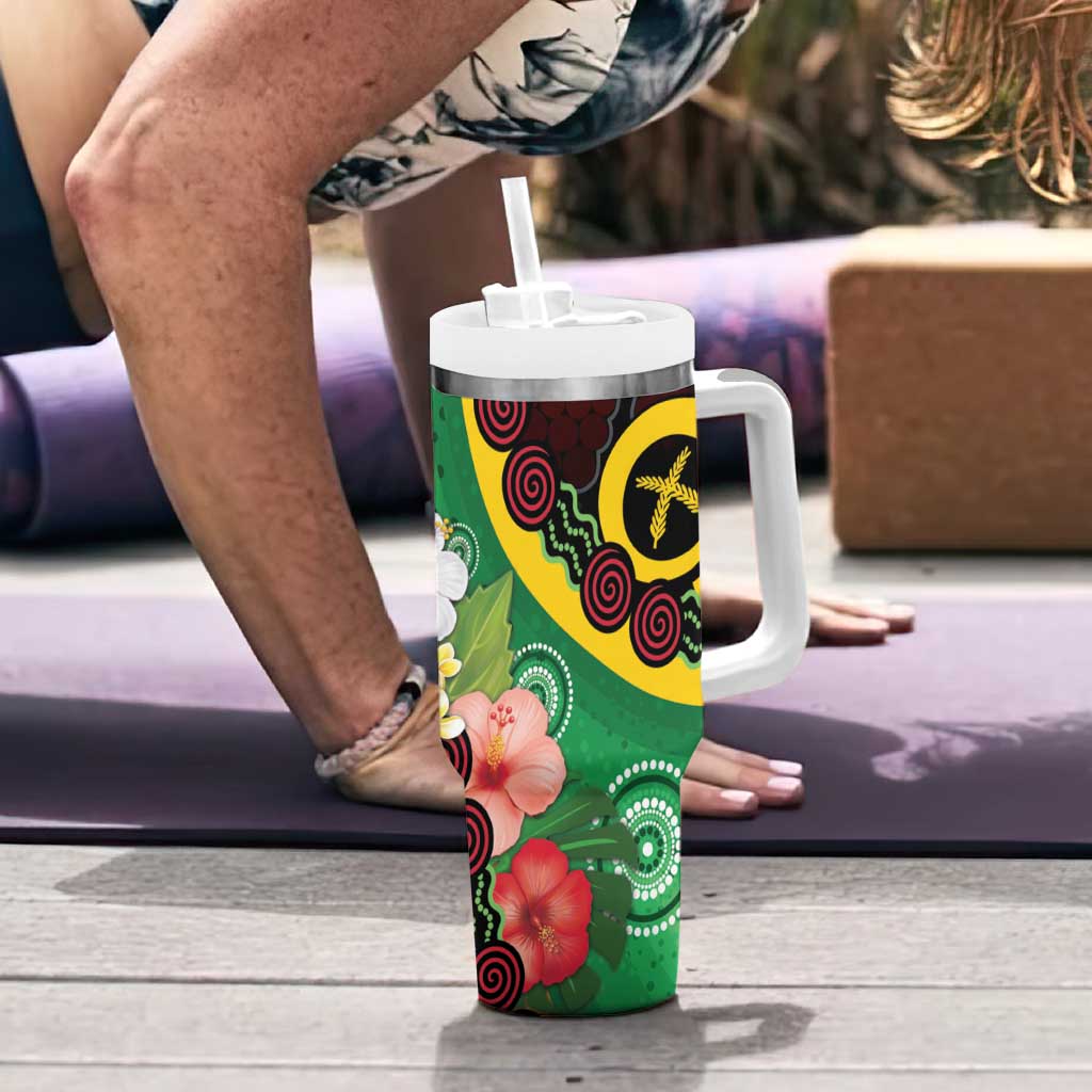 Long God Yumi Stanap Vanuatu Tumbler With Handle Tropical Flowers Aboriginal Pattern LT14 - Polynesian Pride