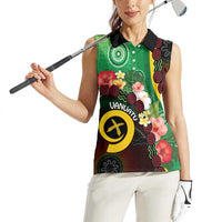 Long God Yumi Stanap Vanuatu Women Sleeveless Polo Shirt Tropical Flowers Aboriginal Pattern