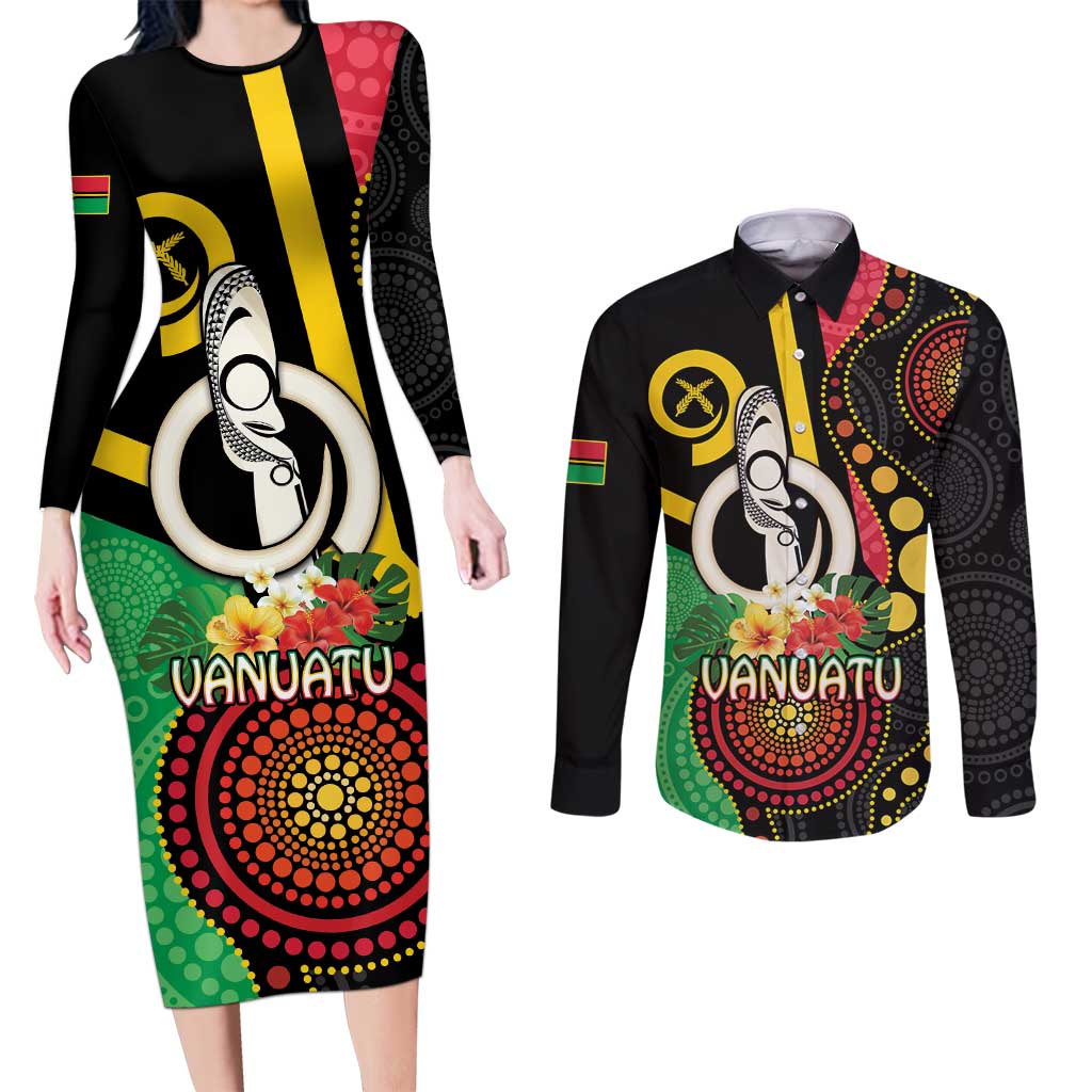 Tamtam Drum Vanuatu Couples Matching Long Sleeve Bodycon Dress and Long Sleeve Button Shirt Boar Tusk Aboriginal Flag Style