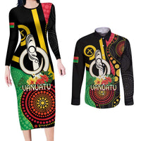 Tamtam Drum Vanuatu Couples Matching Long Sleeve Bodycon Dress and Long Sleeve Button Shirt Boar Tusk Aboriginal Flag Style