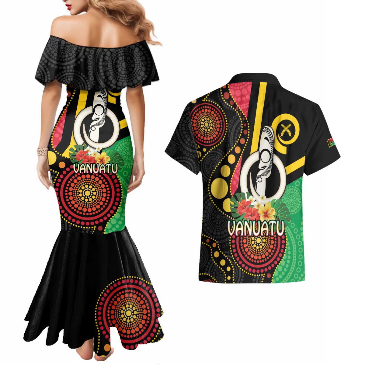 Tamtam Drum Vanuatu Couples Matching Mermaid Dress and Hawaiian Shirt Boar Tusk Aboriginal Flag Style