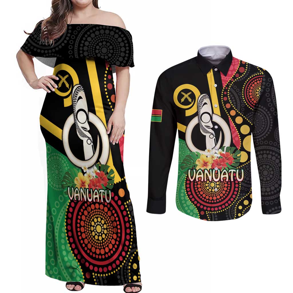 Tamtam Drum Vanuatu Couples Matching Off Shoulder Maxi Dress and Long Sleeve Button Shirt Boar Tusk Aboriginal Flag Style