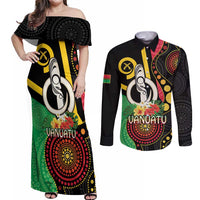 Tamtam Drum Vanuatu Couples Matching Off Shoulder Maxi Dress and Long Sleeve Button Shirt Boar Tusk Aboriginal Flag Style