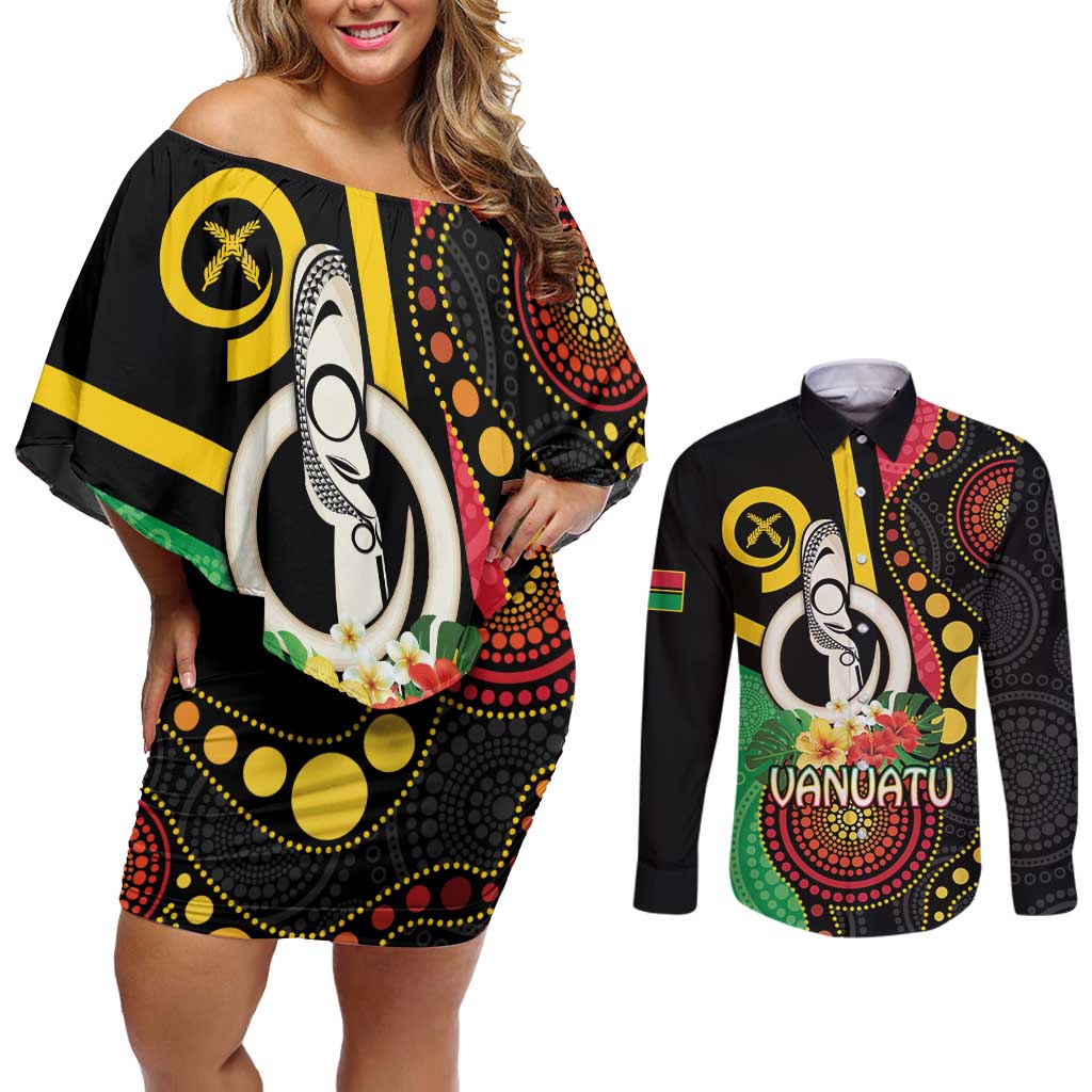 Tamtam Drum Vanuatu Couples Matching Off Shoulder Short Dress and Long Sleeve Button Shirt Boar Tusk Aboriginal Flag Style