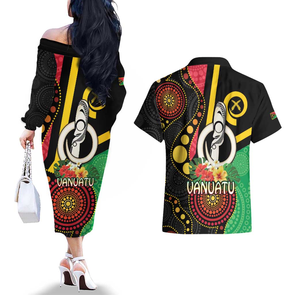 Tamtam Drum Vanuatu Couples Matching Off The Shoulder Long Sleeve Dress and Hawaiian Shirt Boar Tusk Aboriginal Flag Style