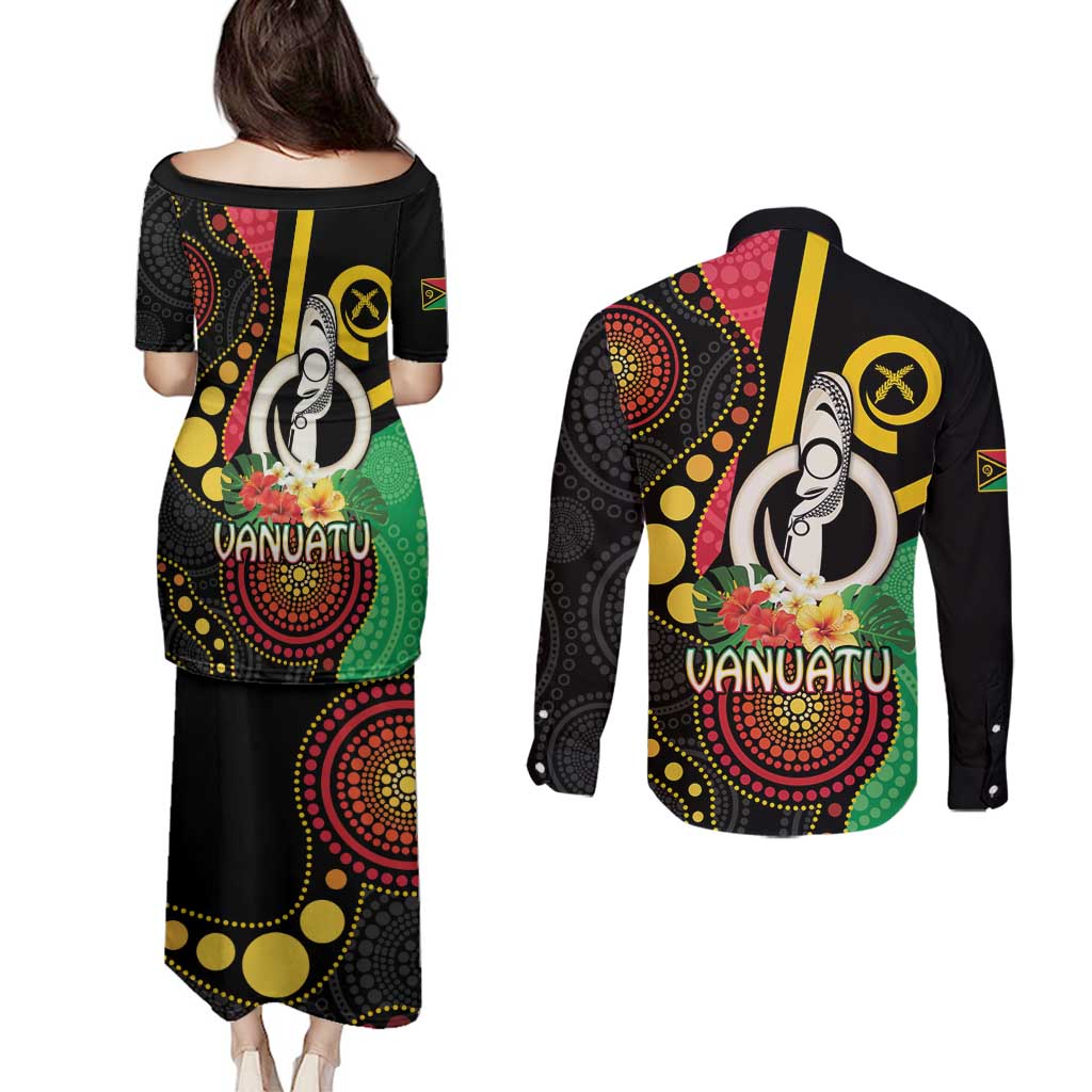 Tamtam Drum Vanuatu Couples Matching Puletasi and Long Sleeve Button Shirt Boar Tusk Aboriginal Flag Style