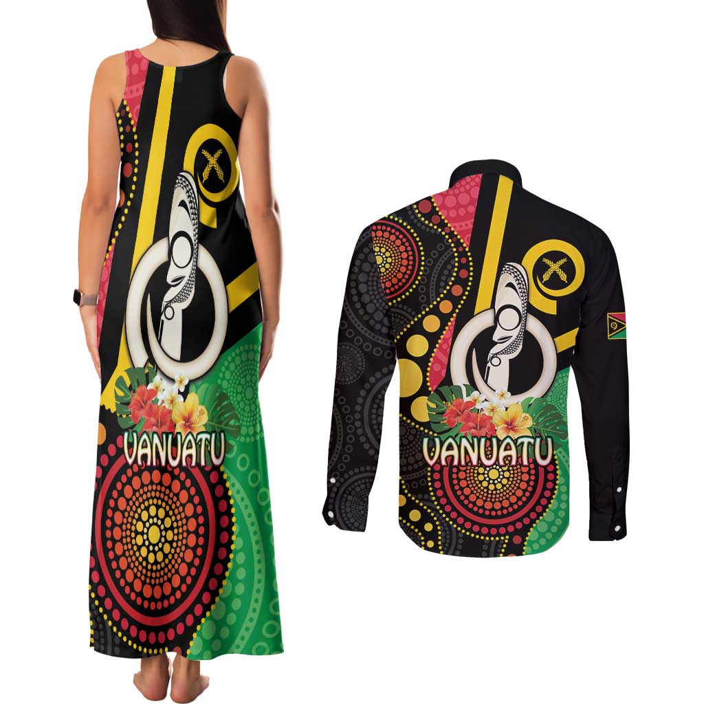 Tamtam Drum Vanuatu Couples Matching Tank Maxi Dress and Long Sleeve Button Shirt Boar Tusk Aboriginal Flag Style