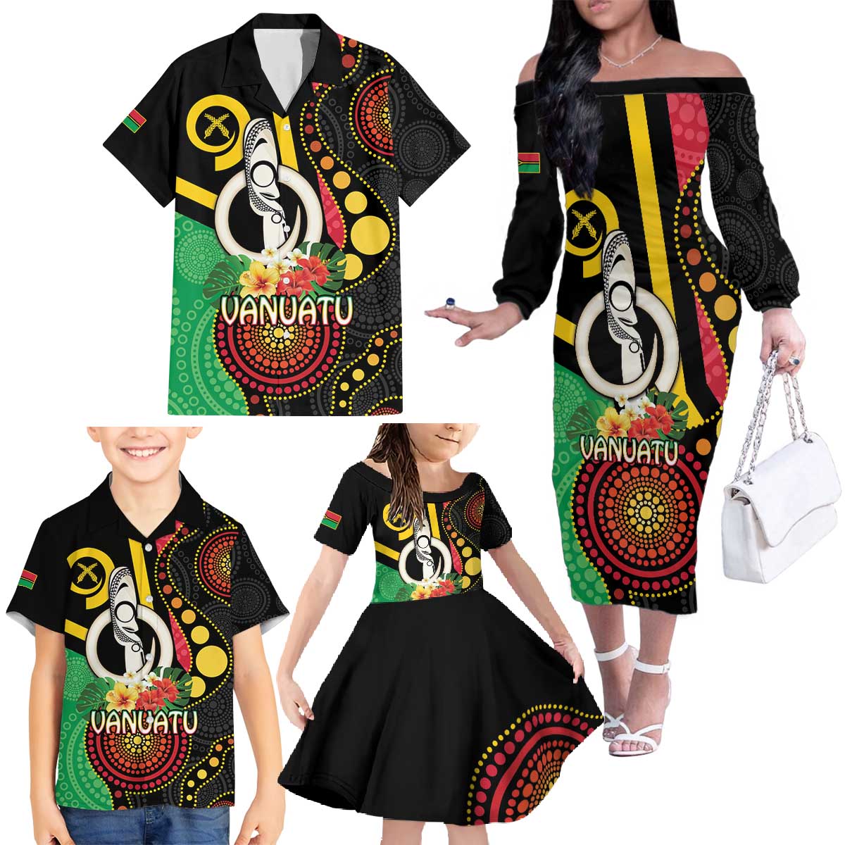 Tamtam Drum Vanuatu Family Matching Off The Shoulder Long Sleeve Dress and Hawaiian Shirt Boar Tusk Aboriginal Flag Style