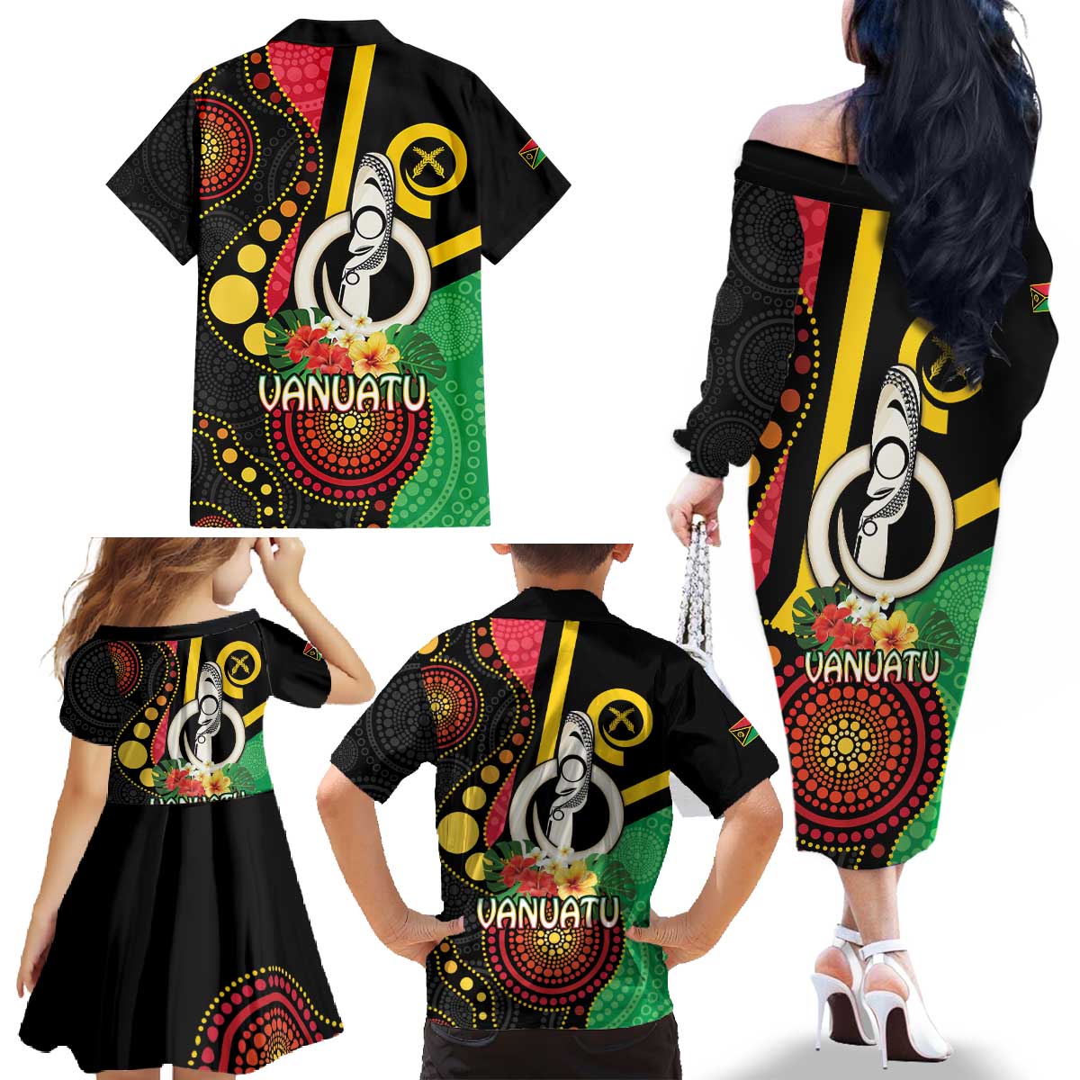 Tamtam Drum Vanuatu Family Matching Off The Shoulder Long Sleeve Dress and Hawaiian Shirt Boar Tusk Aboriginal Flag Style