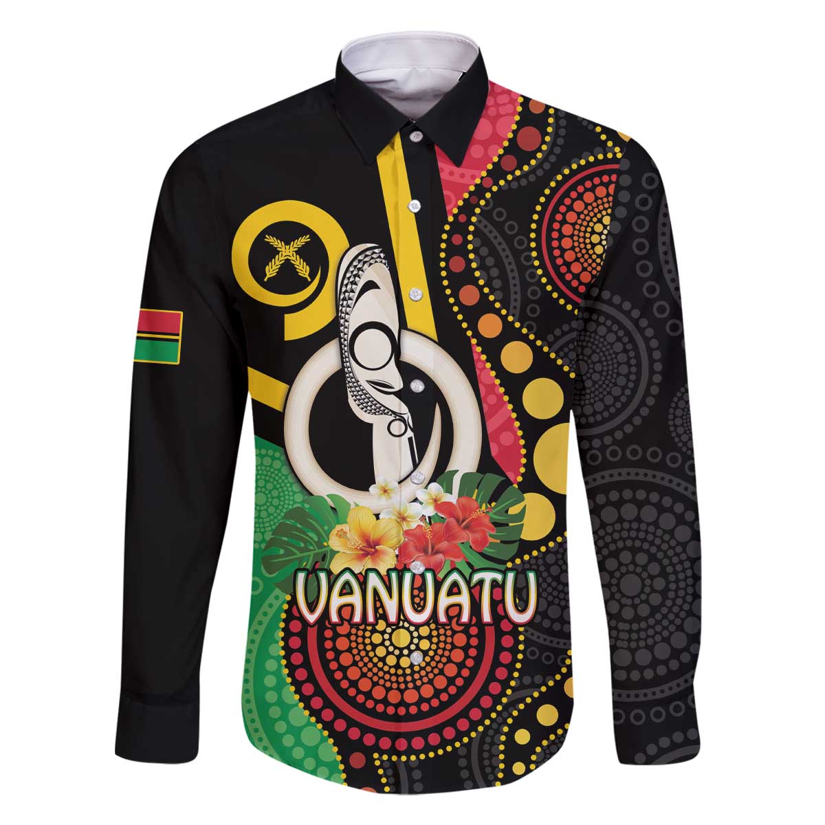 Tamtam Drum Vanuatu Family Matching Off The Shoulder Long Sleeve Dress and Hawaiian Shirt Boar Tusk Aboriginal Flag Style