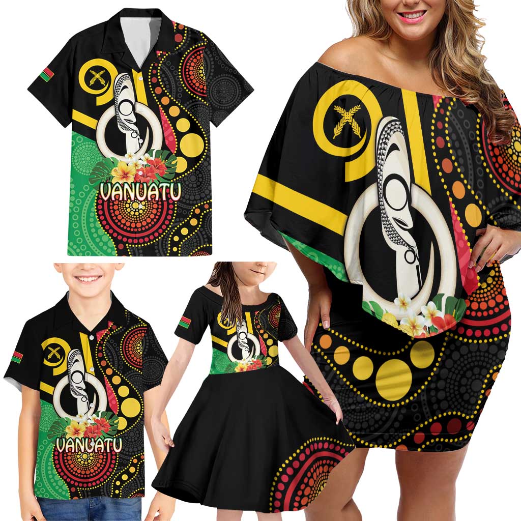 Tamtam Drum Vanuatu Family Matching Off Shoulder Short Dress and Hawaiian Shirt Boar Tusk Aboriginal Flag Style