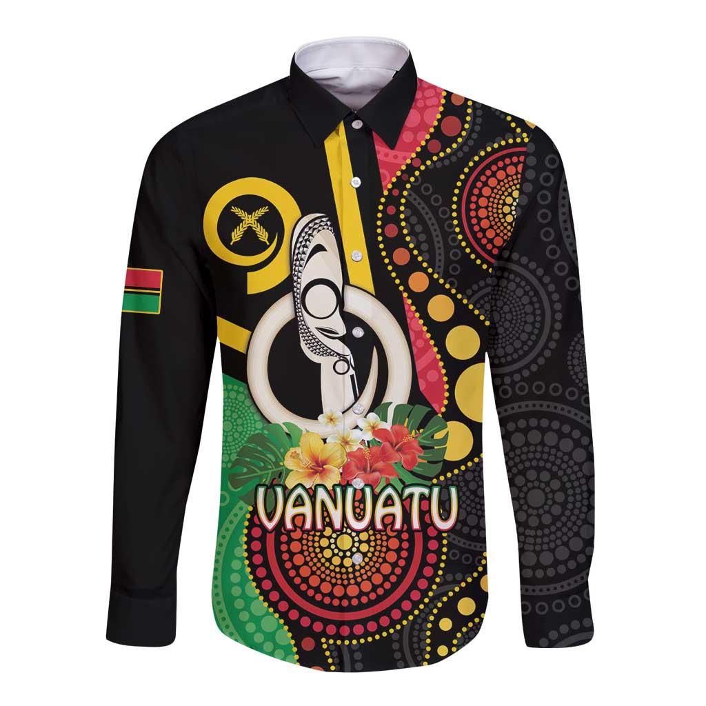 Tamtam Drum Vanuatu Long Sleeve Button Shirt Boar Tusk Aboriginal Flag Style