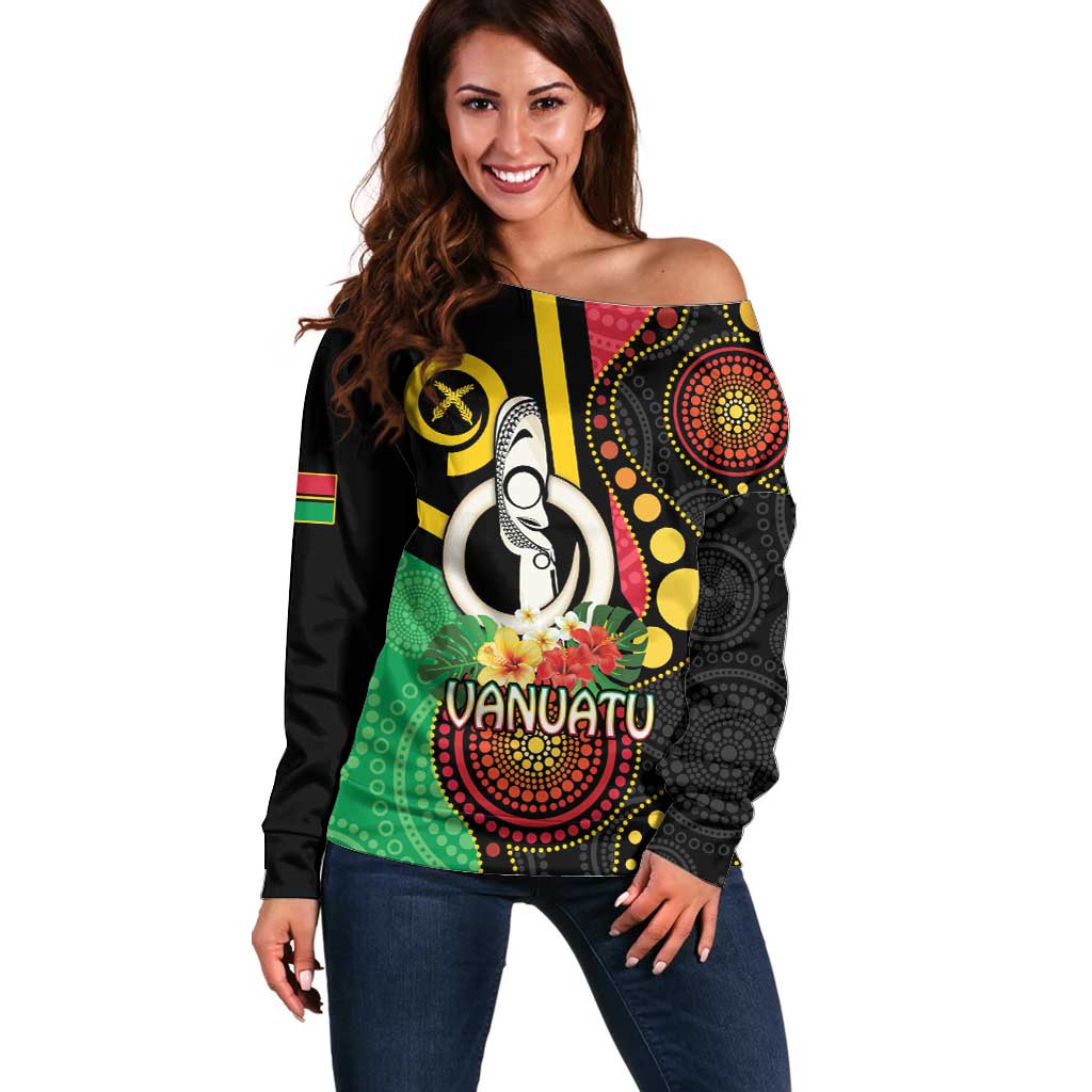Tamtam Drum Vanuatu Off Shoulder Sweater Boar Tusk Aboriginal Flag Style