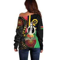 Tamtam Drum Vanuatu Off Shoulder Sweater Boar Tusk Aboriginal Flag Style