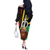 Tamtam Drum Vanuatu Off The Shoulder Long Sleeve Dress Boar Tusk Aboriginal Flag Style