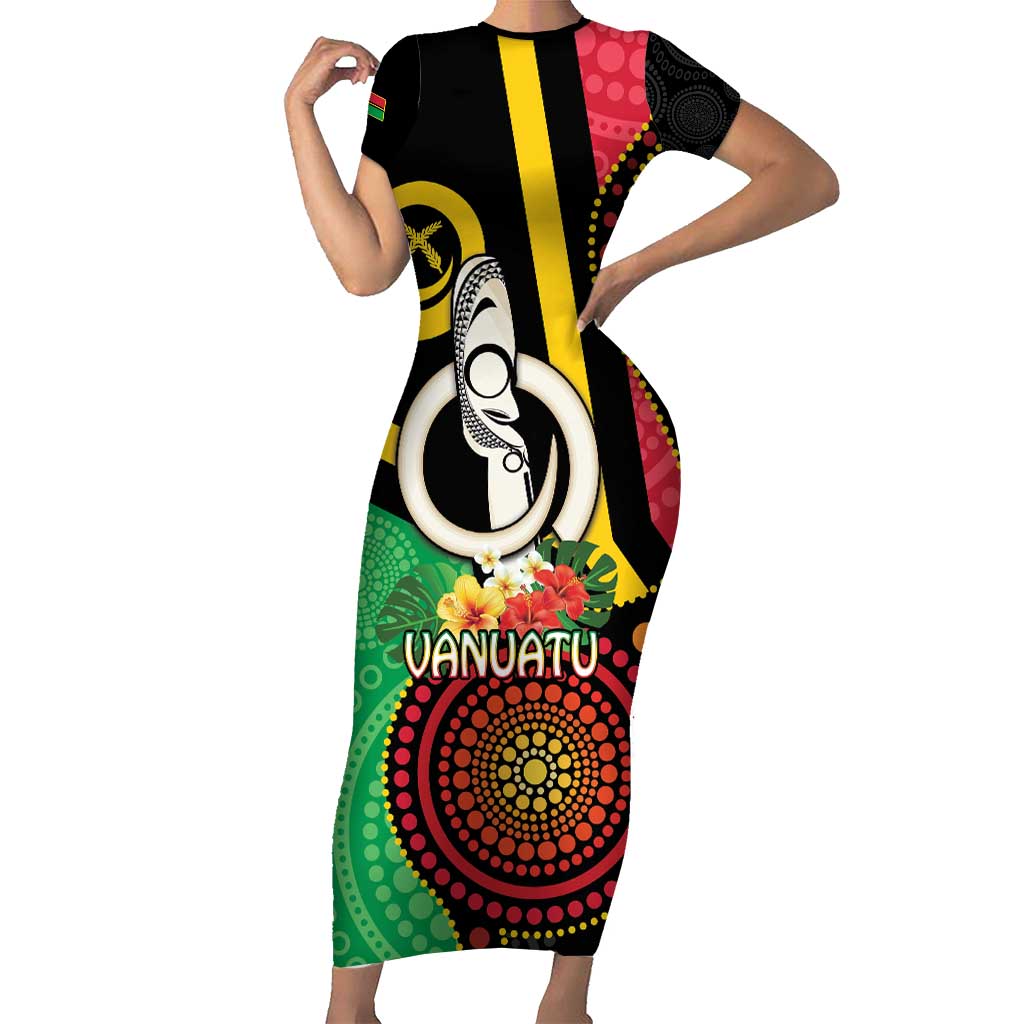 Tamtam Drum Vanuatu Short Sleeve Bodycon Dress Boar Tusk Aboriginal Flag Style